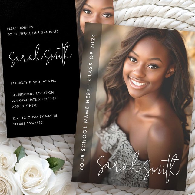 Invitación Festividad moderna de graduación negra con fotos (Modern photo black graduation party invitation)