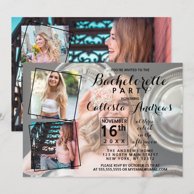 Invitación Festividad moderna de la soltera de Collage de fot (Anverso / Reverso)