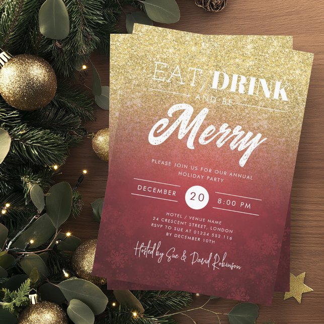 Invitación Festividad Navidades de Fiestas Rojas de Oro para  (Festive Eat & Drink Gold Red Holiday Christmas Invitation)