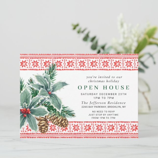 Invitación Festividad Navidades de Holly Berry en casa abiert (Anverso de pie)