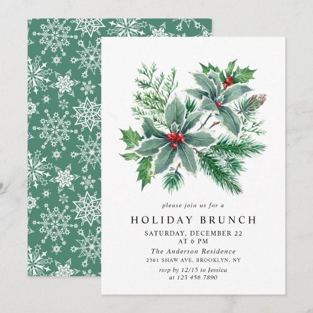 Invitación Festividad Navidades de Holly Berry HOLIDAY BRUNCH (Anverso / Reverso)
