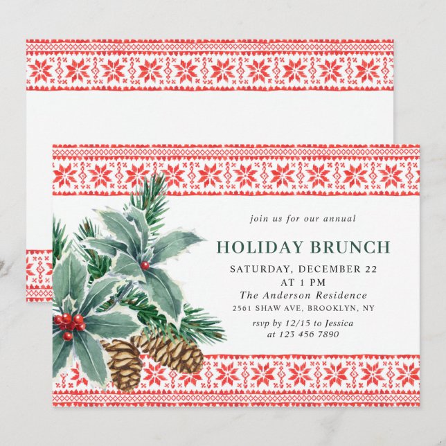 Invitación Festividad NAVIDADES de Holly Berry HOLIDAY BRUNCH (Anverso / Reverso)