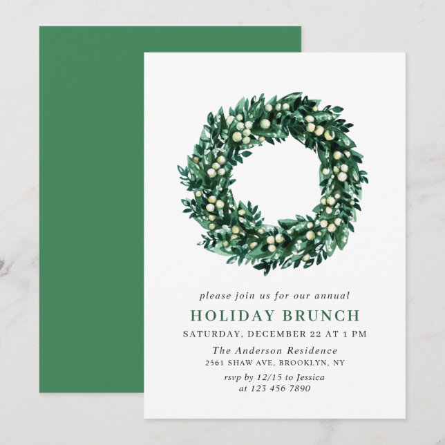 Invitación Festividad Navidades de Holly Wreath HOLIDAY BRUNC (Anverso / Reverso)