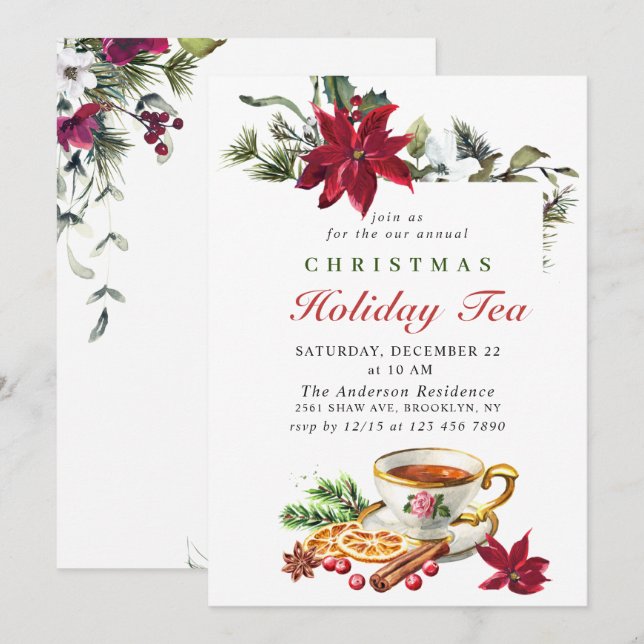 Invitación Festividad Navidades de Poinsettia Holiday Tea Fie (Anverso / Reverso)