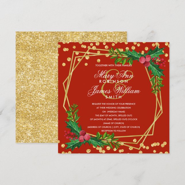 Invitación Festividad Navidades de vacaciones de oro Boda Hol (Anverso / Reverso)