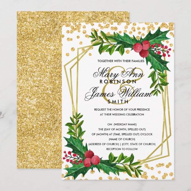 Invitación Festividad Navidades de vacaciones de oro Boda Hol (Anverso / Reverso)