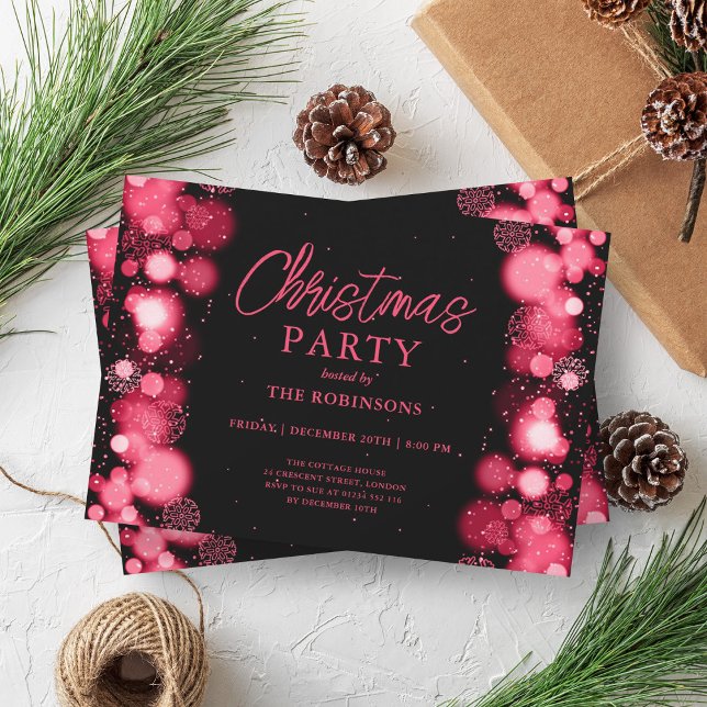 Invitación Festividad Navidades de vacaciones luces de nieve  (Festive Holiday Christmas Red Snow Lights Glow Invitation)