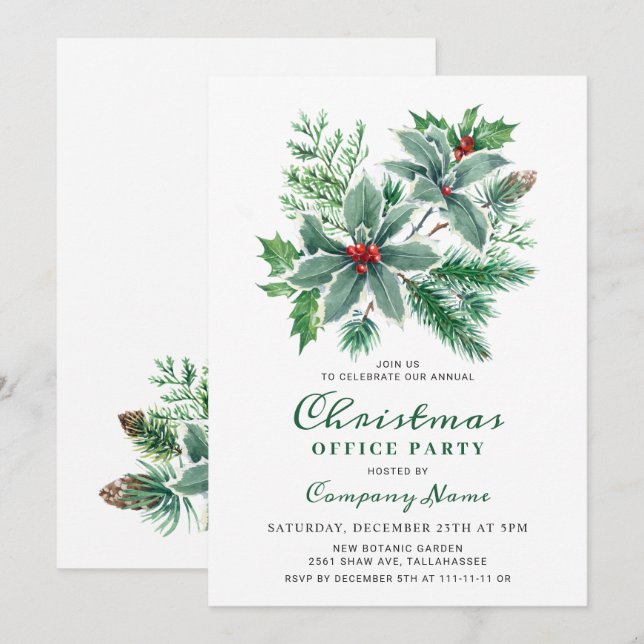 Invitación Festividad Navidades Holly Fiesta Corporativa en (Anverso / Reverso)