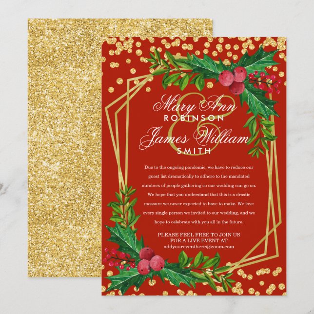 Invitación Festividad Navidades reducidos Boda Holly Red (Anverso / Reverso)