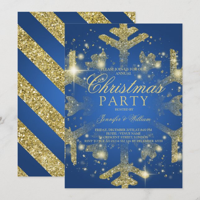Invitación Festividad navideña con copo de nieve y Purpurina  (Anverso / Reverso)