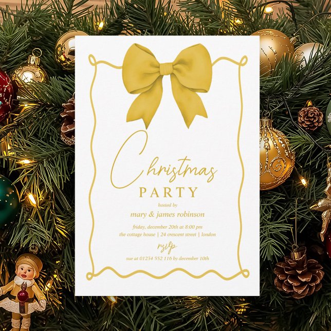 Invitación Festividad navideña de los Navidades de la copa de (Whimsical Gold Bow Christmas Holiday Party Invitation)