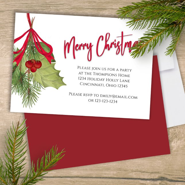 Invitación Festividad navideña guión de caligrafía roja (Merry Christmas holiday holly berries and greenery party invitation. )