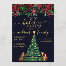 Invitación Festividad Oro Árbol Regalos Floral Vacaciones