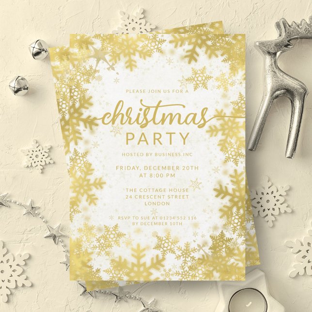Invitación Festividad Relieve metalizado Faux Snowflakes Navi (Festive Gold Faux Foil Snowflakes Christmas Party Invitation)