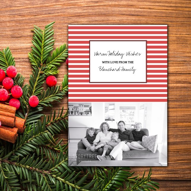 Invitación Festividad roja estriberas foto de feriado (Red Festive Stripes Holiday Photo Card)