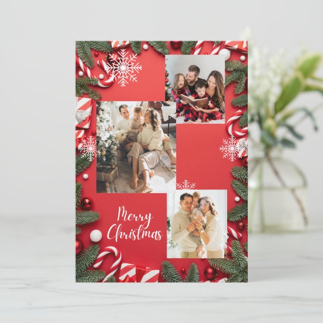 Invitación Festividad Roja Feliz Navidad Collage de fotos (Anverso de pie)