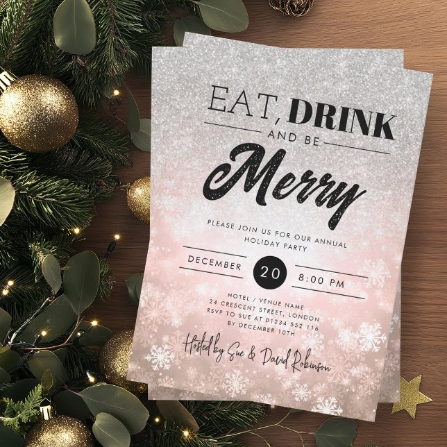 Invitación Festividad Rosa de Plata de Comida y Bebida Nocheb (Festive Eat & Drink Silver Rose Gold Holiday Xmas Invitation)