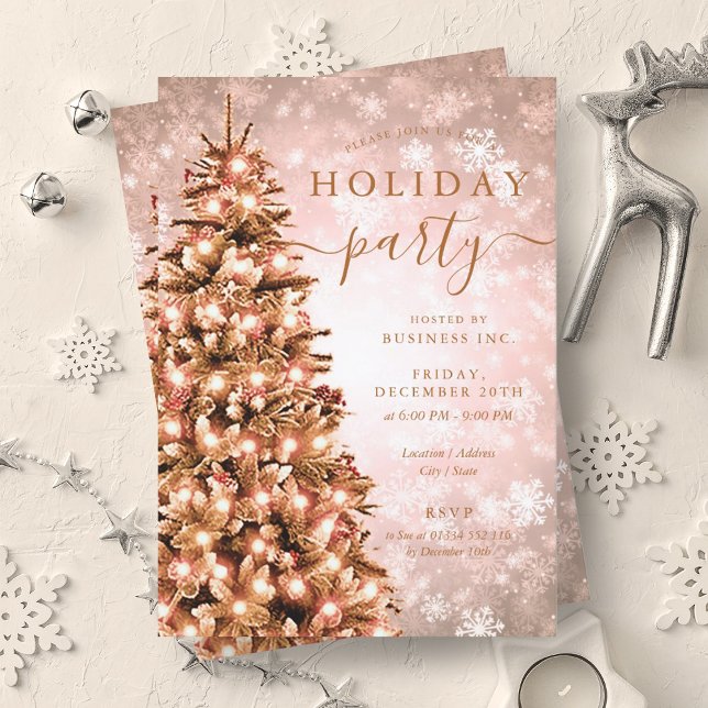 Invitación Festividad Rosa Oro de la compañía navideña (Festive Rose Gold Christmas Tree Company Holiday Invitation)