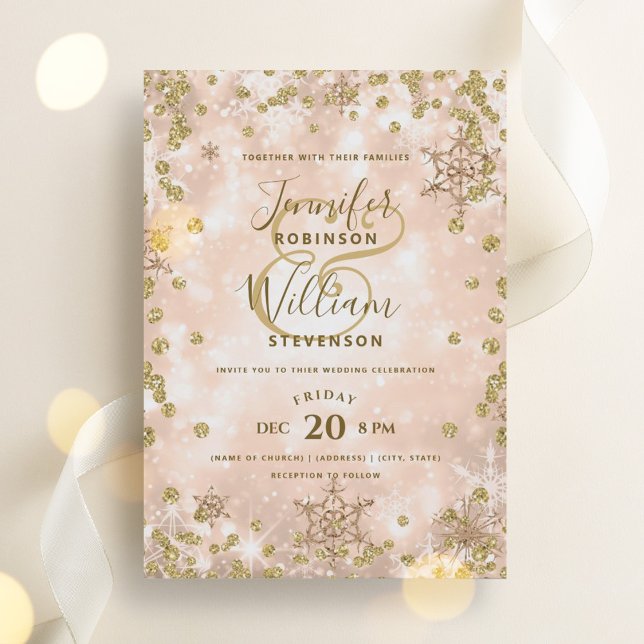 Invitación Festividad Rosa Oro SPARKLE Elegante Boda de Invie (Festive Rose Gold SPARKLE Elegant Winter Wedding Invitation)