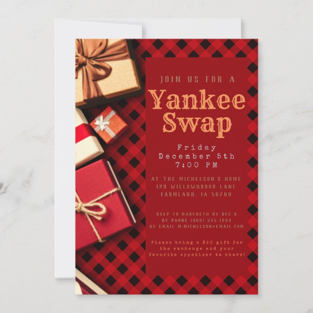 Invitación Festividad Rustic Red Buffalo Check Gift Exchange (Anverso)