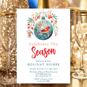 Invitación Festividad Script Red Bird Mistletoe Holiday Soire