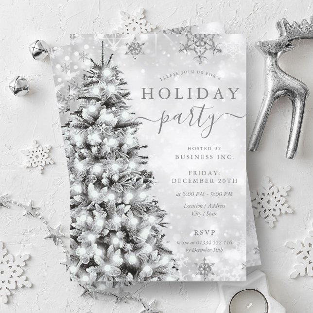 Invitación Festividad Silver Christmas Tree Company (Festive Silver Christmas Tree Company Holiday Invitation)