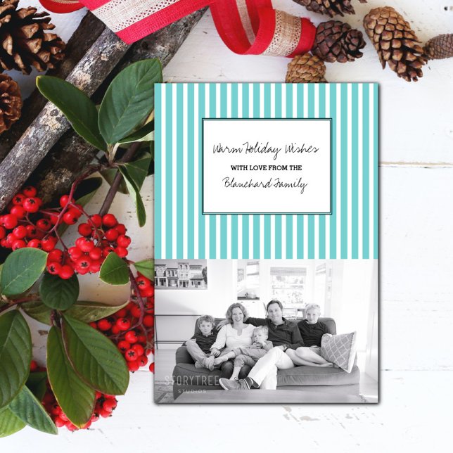 Invitación Festividad Turquesa Vertical Stripes Festividad Fe (Turquoise Festive Stripes Holiday Photo Card)
