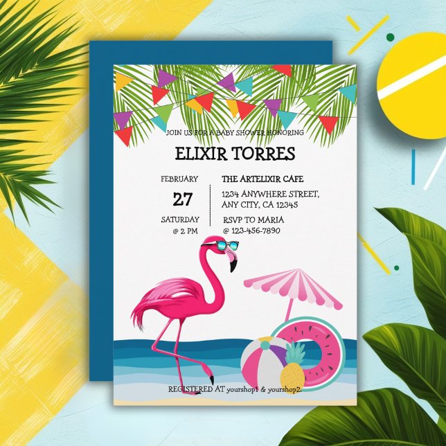 Invitación Festividad veraniega playa Flamingo rosa Baby Show (Subido por el creador)