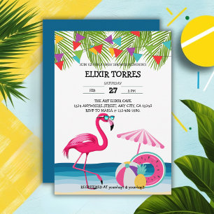 Invitación Festividad veraniega playa Flamingo rosa Baby Show