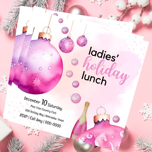 Invitación Festividades de los Ornamentos Rosa Navidades Brun (Ladies Holiday lunch in pink for your festive brunch gatherings.  Invite is fully customizable. )