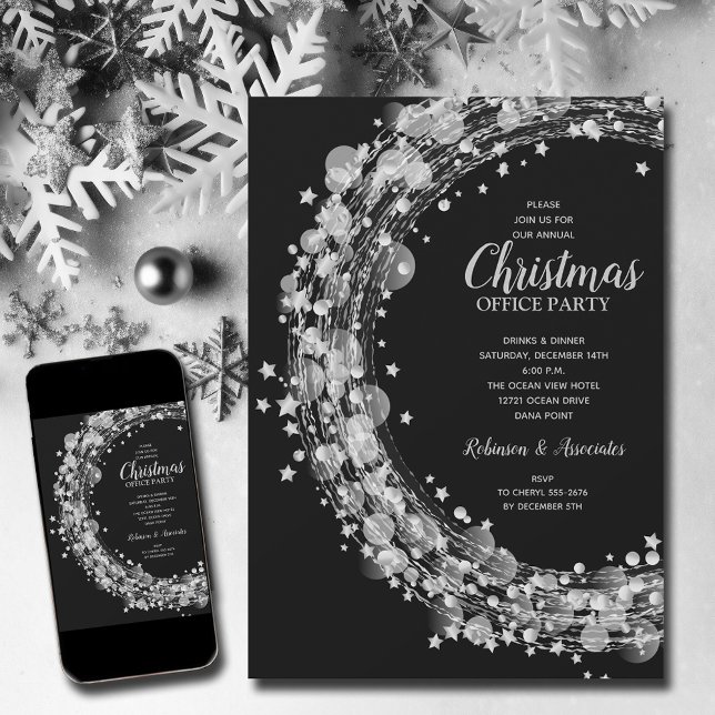 Invitación Festividades de Navidades de Silver Stars (Silver Stars Christmas Holiday Party Invitations - INSTANT DOWNLOAD and/or PRINTED)