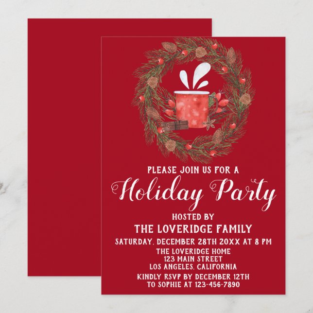 Invitación Festividades de Navidades rojos y verdes en fiesta (Anverso / Reverso)