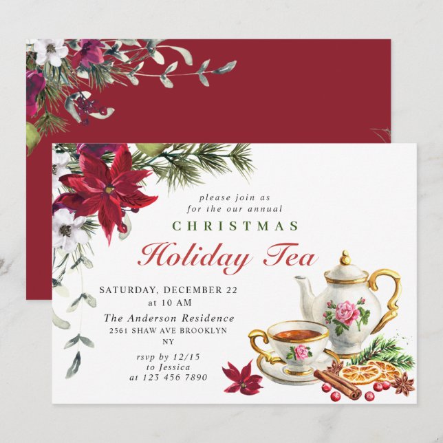 Invitación Festividades Navidades de Poinsettia Fiesta de té  (Anverso / Reverso)