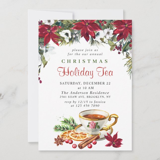 Invitación Festividades Navidades de Poinsettia Fiesta de té  (Anverso)