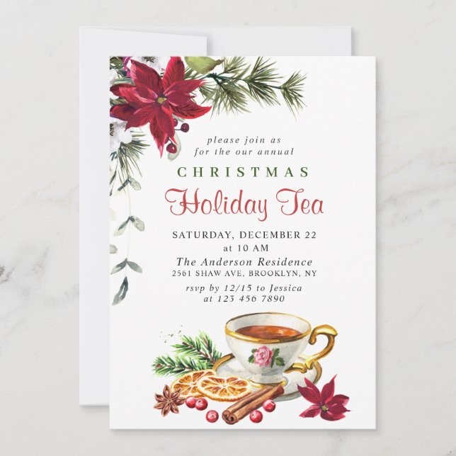 Invitación Festividades Navidades de Poinsettia Fiesta de té  (Anverso)