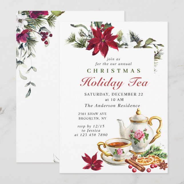 Invitación Festividades Navidades de Poinsettia Fiesta de té  (Anverso / Reverso)