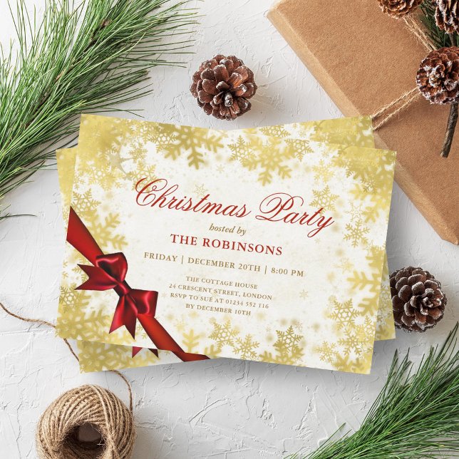 Invitación Festividades Navidades de vacaciones Nieve Oro y C (Festive Holiday Christmas Snow Gold & Red Ribbon Invitation)