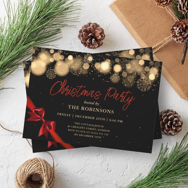 Invitación Festividades Navidades Glow Gold & Red Ribbon (Festive Holiday Christmas Glow Gold & Red Ribbon Invitation)
