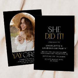 Invitación Fete Fete Moderno Oro Negro Lo Hizo Foto Graduació