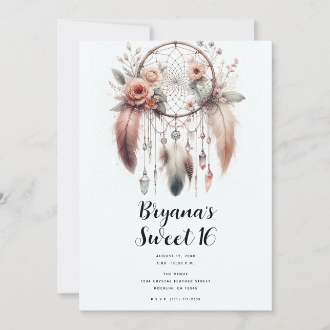 Invitación Féter de cristal floral Dreamcatcher Boho Sweet 16 (Anverso)