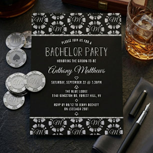 Invitación Ficha de póquer con brillo de plata para despedida