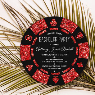 Invitación Ficha de póquer de purpurina roja para despedida d