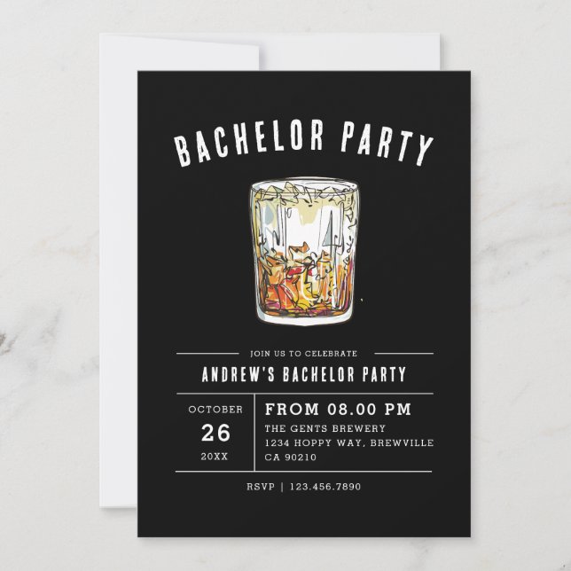 Invitación Ficha de Whiskey Acuarela de Fiesta de Soltero Mod (Anverso)