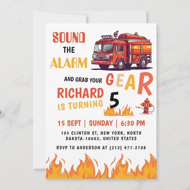 Invitación Fiebre de cumpleaños de los bomberos más jóvenes (Anverso)