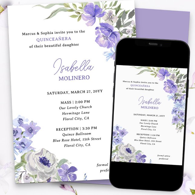 Invitación Fiebre Peri Floral Elegante Quinceanera y Masa (Purple floral quinceanera invitation)