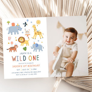Invitación Fiera Uno Cumpleaños Safari Animales Foto Monada