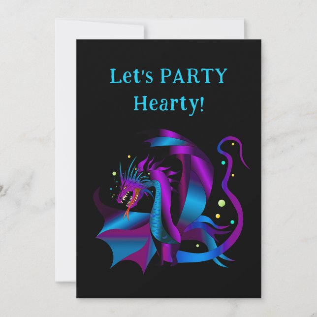 Invitación Fierce Dragón Morados y Azules Fiesta Única (Anverso)