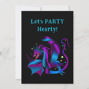 Invitación Fierce Dragón Morados y Azules Fiesta Única