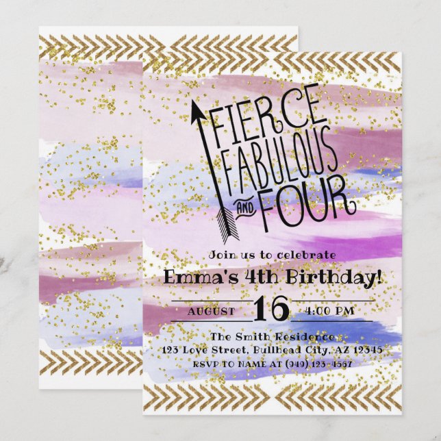 Invitación Fierce Púrpura Fabuloso y cuatro cumpleaños (Anverso / Reverso)