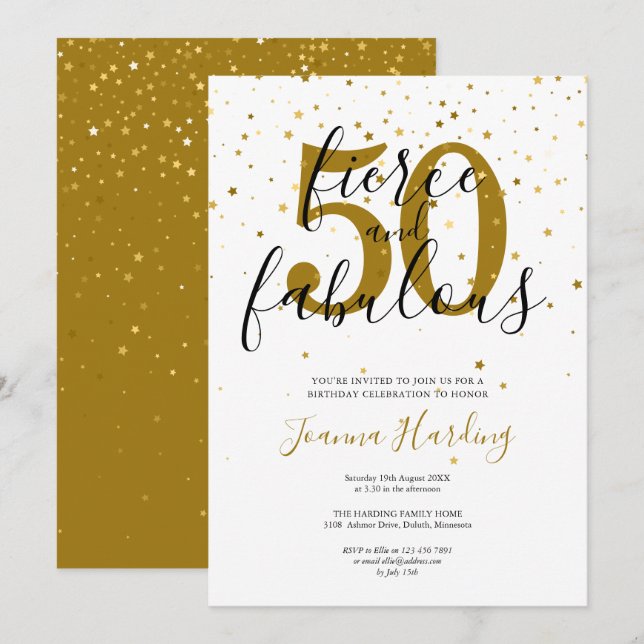 Invitación Fierce y fabuloso oro y cumpleaños negro (Anverso / Reverso)